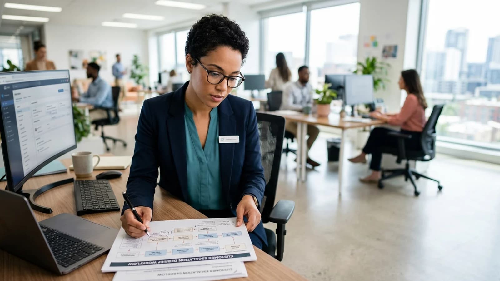 Customer care professional reviewing a support operations workflow in a bright office
