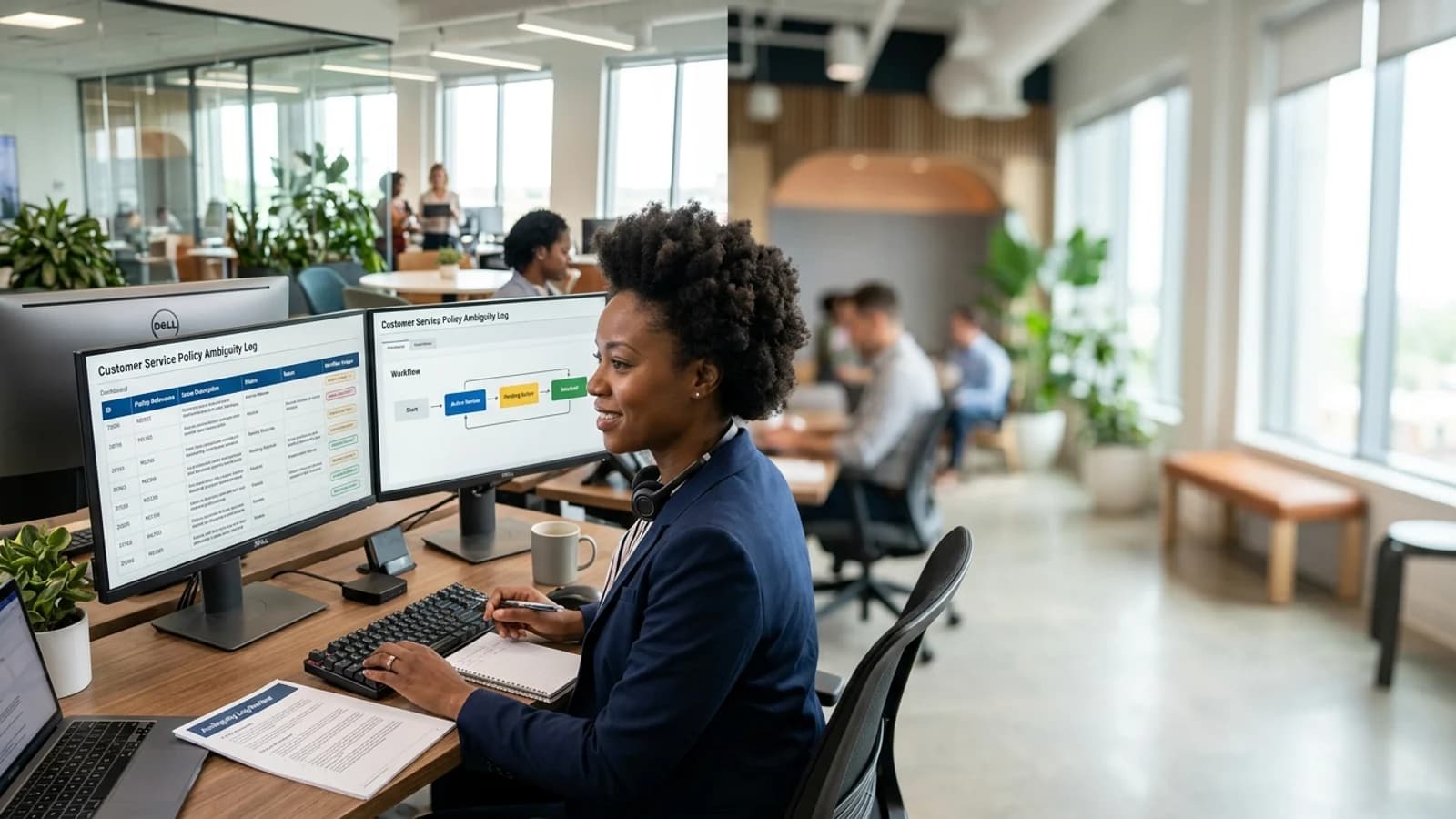 Customer care professional reviewing a support operations workflow in a bright office