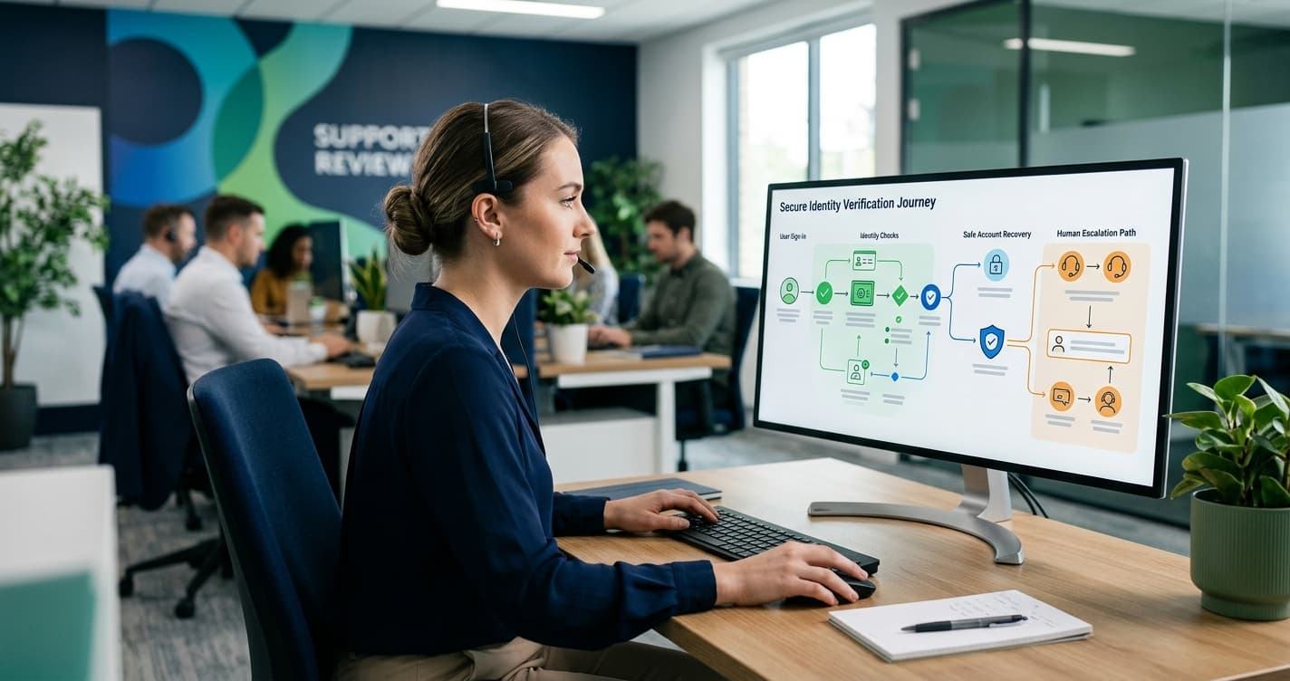 Customer service identity verification flow showing secure recovery and human assistance paths