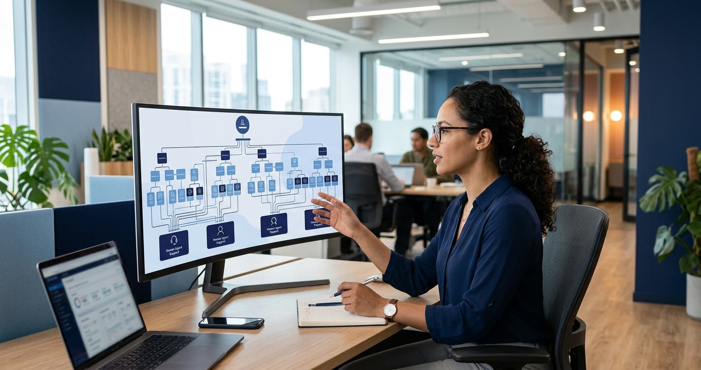 Customer service IVR path branching into self-service and human support outcomes