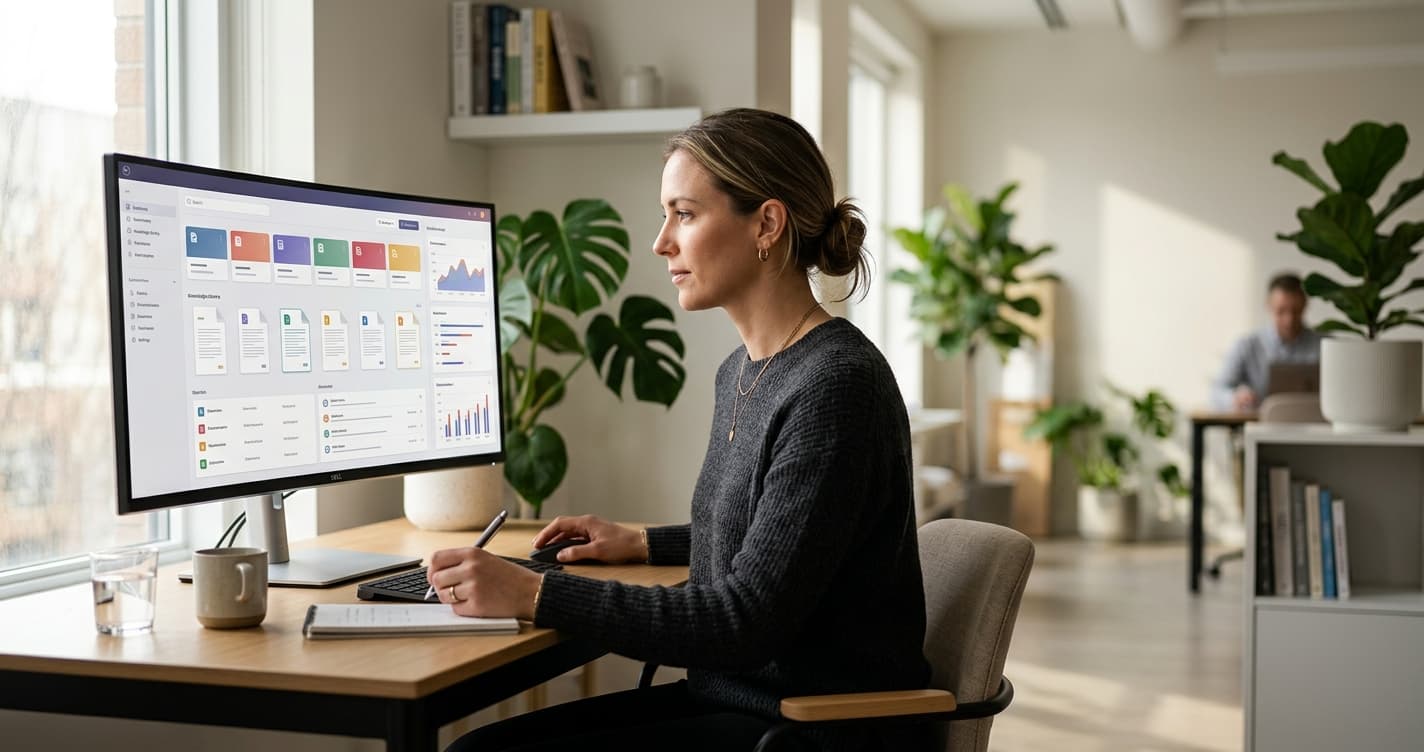 Customer service professional searching an organized knowledge library